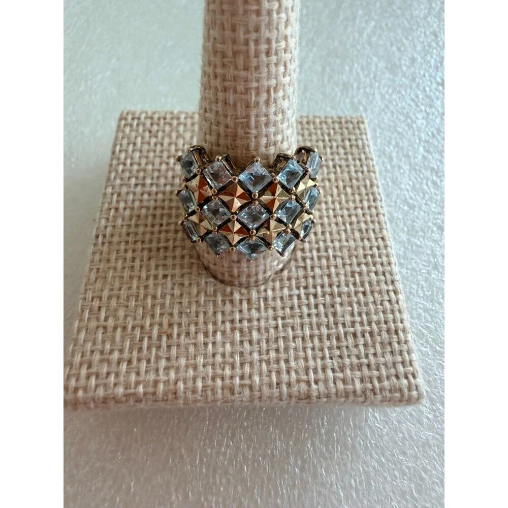 PAJ Signed 925 Sterling Silver Gold Vermeil Ice Blue Topaz Checkered Band Ring 6